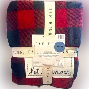 NWT Rae Dunn Red Black Buffalo Chk Sherpa Patch Blanket/Throw LET IT SNOW 68x88